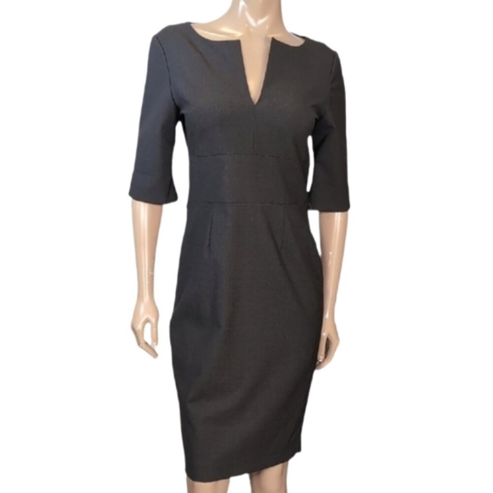 Sandra Angelozzi Sheath Dress Split Vneck Half Sleeve Gray Wool Blend Business